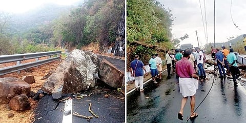 சவரிக்காட்டில் கொடைக்கானல் சாலையில் உருண்டு விழுந்த ராட்சத பாறை.( வலது ) வட கவுஞ்சி அருகே சாலையின் குறுக்கே விழுந்த மரம்.