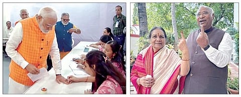 குஜராத்தின் அகமதாபாத்தில் பிரதமர் மோடி வாக்களித்தார். (அடுத்த படம்) காங்கிரஸ் தலைவர் மல்லிகார்ஜுன கார்கே, அவரது மனைவி ராதாபாய் கர்நாடகாவின் கல்புர்கியில் உள்ள வாக்குச் சாவடியில் நேற்று வாக்களித்தனர்.