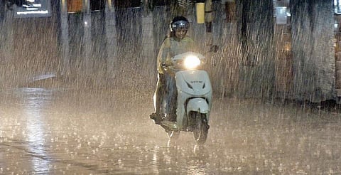 கோவை சிங்காநல்லூர் காமராஜர் சாலையில் மழையில் நனைந்த படி செல்லும் வாகன ஓட்டி.   படம்: ஜெ.மனோகரன்
