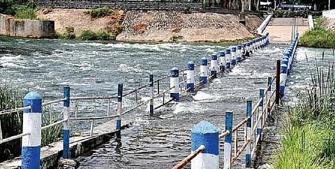 வைகை அணை பூங்கா தரைப்பாலத்தை மூழ்கடித்தபடி ஓடிய தண்ணீர். படம்: நா.தங்கரத்தினம்﻿﻿