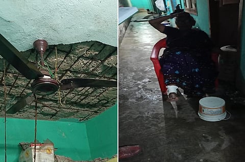 இடிந்து விழுந்த மேற்கூரை (இடது), காயமடைந்த மூதாட்டி (வலது)
