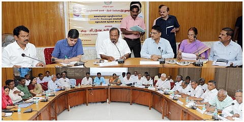 சென்னையில் தொழிலாளர் நலவாரிய கருத்தரங்கு கூட்ட அரங்கில் நடந்த கூட்டத்தில் தொழிலாளர் நலத்துறை அமைச்சர் சி.வி.கணேசன் உரையாற்றினார்.