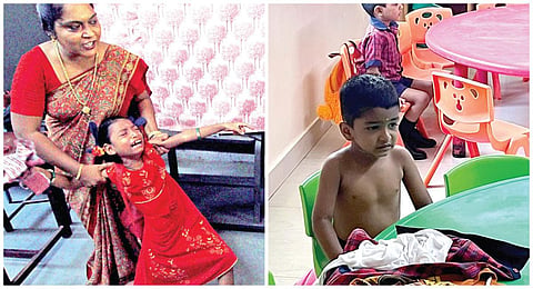 சென்னை மயிலாப்பூரில் உள்ள ஒரு பள்ளியில், “அம்மாகிட்ட போணும்..” என்று அழுது அடம்பிடித்த குழந்தையை சமாதானப்படுத்தி, வகுப்புக்கு அழைத்துச் செல்லும்
ஆசிரியை. படம்: ம.பிரபு (அடுத்த படம்) மீனம்பாக்கம் பள்ளி ஒன்றில் “பயப்படாத.. உன் வீடுன்னு நெனச்சுக்கோ” என்று மிஸ் சொல்லி இருப்பார்போல.. சீருடையை கழற்றிவிட்டு, உட்கார்ந்து இருக்கிறான் சுட்டிப் பையன். படம்: எம்.முத்துகணேஷ்
