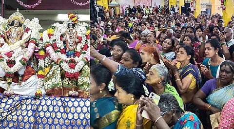 காரைக்கால் அம்மையார் திருமண வைபவத்தை காணும் பக்தர்கள்.