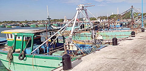 வேலை நிறுத்தம் காரணமாக ராமேசுவரம் மீன்பிடி துறைமுகத்தில் நங்கூரமிட்டு நிறுத்தப்பட்டுள்ள படகுகள்.