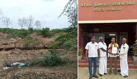 ஈரோடு மாவட்டம் சென்னிமலையை அடுத்த கூத்தம்பாளையம் ஊராட்சியில் தடுப்பணை கட்டப்பட்டதாக தெரிவிக்கப்படும் அவரக்கரை பள்ளம். ( அடுத்தப்படம் )  சென்னிமலை காவல்நிலையத்தில் புகார் அளித்த பாஜக நிர்வாகிகள்