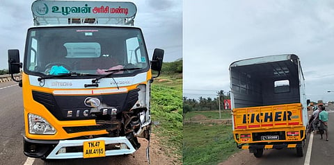 விபத்தை ஏற்படுத்திய சரக்கு வாகனம்