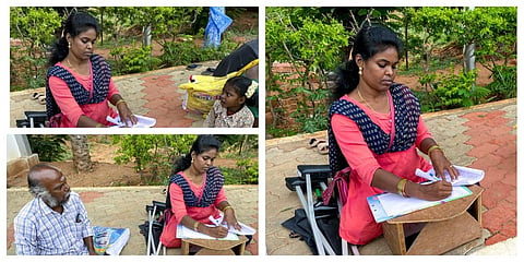 தஞ்சை மாவட்ட ஆட்சியர் அலுவலகம் முன்பாக பொதுமக்களுக்கு மனுக்கள் எழுதி கொடுத்து வரும் மாற்றுத்திறனாளி சத்யா |  படங்கள்: ஆர்.வெங்கடேஷ்.