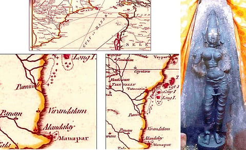 கோதாவரி-கன்னியாகுமரி என்ற தலைப்பில் கி.பி. 1775-ல் ராபர்ட் ஓரம் வரைந்த வரைபடங்கள். | அடுத்தப்படம்: மதுரை மீனாட்சி அம்மன் கோயில் சிற்பத்தை போன்றிருக்கும், பட்டினமருதூர் கோயிலில் உள்ள ஸ்ரீ வடக்குவாச் செல்வி அம்மன் சிலை.