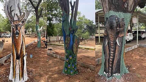 முருக பக்தர்களை வரவேற்க பழநியில் மரங்களை அலங்கரிக்கும் வண்ண ஓவியங்கள்