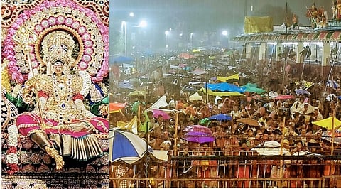 மேல்மலையனூர் அங்காளம்மன் கோவிலில் நேற்று இரவு ஆடி மாத அமாவாசையை முன்னிட்டுநடைபெற்ற ஊஞ்சல் உற்சவத்தில்சிறப்பு அலங்காரத்தில் பக்தர்களுக்கு அருள் பாலித்த உற்சவர் அங்காளம்மன்.  (அடுத்தபடம் ) :மேல்மலையனூர் அங்காளம்மன் கோயிலில் நடைபெற்ற ஊஞ்சல் உற்சவத்தில்கொட்டும் மழையில் கலந்து கொண்ட பக்தர்களின் கூட்டத்தினர்.