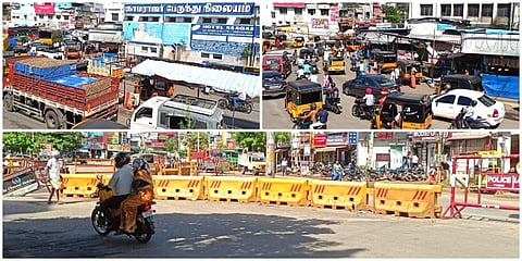 தேனி காமராஜர் பேருந்து நிலையத்துக்குள் அனைத்து வாகனங்களும் செல்வதால் நெரிசல்  ஏற்பட்டது. 
