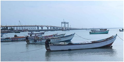மீனவர்களின் வேலை நிறுத்தப் போராட்டத்தினால் பாம்பனில் கரையோரங்களில் நிறுத்தி வைக்கப்பட்டிருக்கும் படகுகள்.