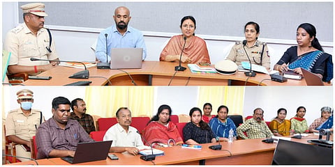 கிருஷ்ணகிரி மாவட்ட ஆட்சியர் அலுவலகத்தில் ஆலோசனை நடத்திய காவல் துறை தலைவர் பவானீஸ்வரி, சமூக நலத்துறை செயலாளர் ஜெயஸ்ரீ முரளிதரன் ஆகியோர் தலைமையிலான குழுவினர்.