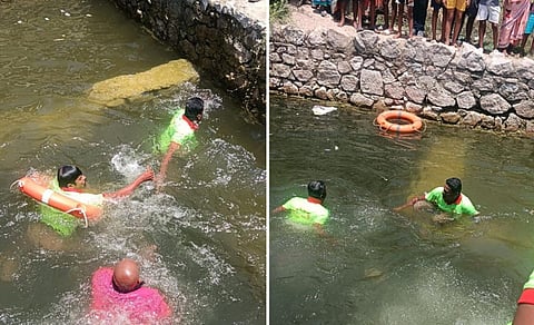 கோவில்பட்டி அருகே கூசாலிபட்டியில் கிணற்றில் மூழ்கி உயிரிழந்த சிறுவர்களை தேடும்பணியில் ஈடுபட்ட தீயணைப்பு துறையினர்.