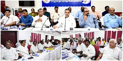 சென்னை குரோம்பேட்டை மாநகர போக்குவரத்துக் கழகப் பயிற்சி மைய வளாகத்தில் 15-வது ஊதிய உயர்வு ஒப்பந்த பேச்சுவார்த்தை நடைபெற்றது | படங்கள்: எம்.முத்துகணேஷ்