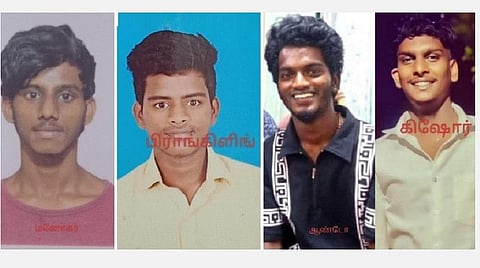 கொள்ளிடம் ஆற்றில் மூழ்கிய மனோகர், கிஷோர் (எ) தமிழரசன், ஆண்டோ, பிராங்கிளின்