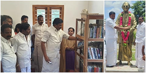 கோவில்பட்டியில் உள்ள கி.ராஜநாராயணனின் மணிமண்டபத்தில் அவரது சிலைக்கு மாலை அணிவித்து மரியாதை செலுத்திய அமைச்சர் சாமிநாதன் அங்குள்ள நூலகத்தைப் பார்வையிட்டார்.