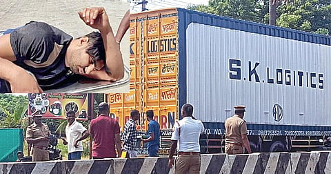 நாமக்கல் மாவட்டம் குமாரபாளையம் அருகேயுள்ள சன்னியாசிப்பட்டியில் போலீஸார் மடக்கிப் பிடித்த கன்டெய்னர் லாரி. (உள்படம்) போலீஸ் துப்பாக்கிச் சூட்டில் காயமடைந்த அஜார் அலி.
