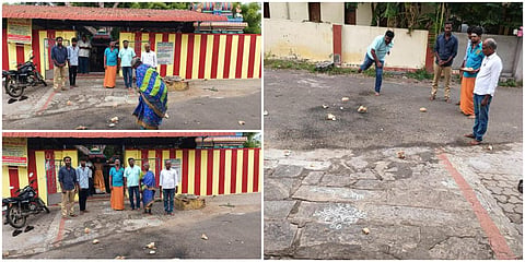 கரூர் ரயில்வே குடியிருப்பில் உள்ள ஆஞ்சநேயர் கோயிலில் தேங்காய் உடைத்து முறையிட்ட இந்து முன்னணி அமைப்பினர்.