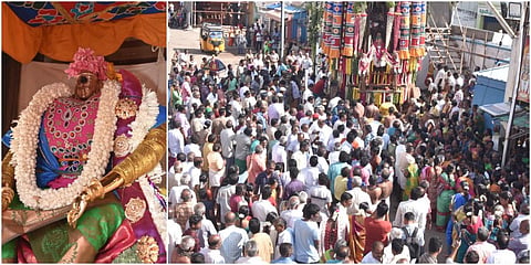 கோவில்பட்டி செண்பகவல்லி அம்மன் கோயில் ஐப்பசி திருக்கல்யண திருவிழா தேரோட்டத்தில், திரளான பக்தர்கள் கலந்து கொண்டு வடம் பிடித்து தேர் இழுத்தனர்.