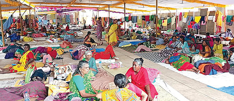திருச்செந்தூர் சுப்பிரமணிய சுவாமி கோயில் வளாகத்தில் அமைக்கப்பட்டுள்ள தற்காலிக கொட்டகையில் விரதம் இருப்பதற்காக தங்கியிருக்கும் பக்தர்கள்.