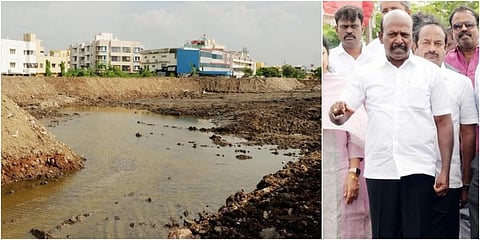சென்னை வேளச்சேரி எம்ஆர்டிஎஸ் அருகில் உள்ள ரயில்வே சாலை வடக்குப் பகுதியில் வெள்ளப் பாதிப்பைத் தடுத்திடும் வகையில் வெட்டப்பட்டுள்ள குளத்தினை அமைச்சர் மா.சுப்பிரமணியன் ஆய்வு செய்தார்.