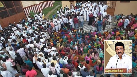 டங்ஸ்டன் சுரங்கத்தை எதிர்ப்பு மக்கள் நடத்திய போராட்டம். உள்படம்: முதல்வர் மு.க.ஸ்டாலின்