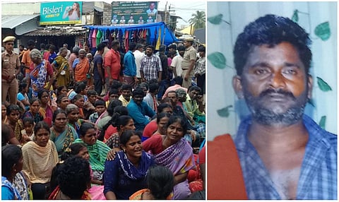 உறவினர்கள் போராட்டம் (வலது) | சுட்டுக் கொலை செய்யப்பட்ட கண்ணன் (இடது)
