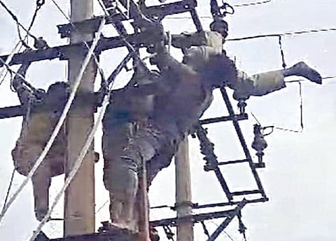 எம்.குன்னத்தூர் கிராம மின் மாற்றியில் சிக்கிய ஏழுமலையை மீட்கும் சக  ஊழியர்கள்.