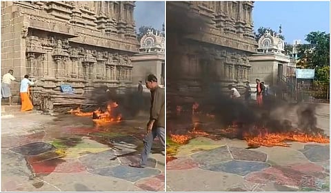 தென்காசி காசி விஸ்வநாதர் கோயில் கோபுரவாசல் முன்பு பெட்ரோல் ஊற்றி தீ வைத்த இளைஞரிடம் போலீஸார் விசாரணை நடத்தினர்.
