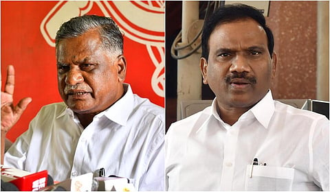 இந்திய கம்யூனிஸ்ட் கட்சியின் மாநிலச் செயலாளர் இரா.முத்தரசன் (இடது), திமுக எம்.பி. ஆ.ராசா (வலது)