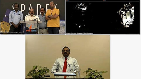 ஸ்பேடெக்ஸ் திட்டத்தின்கீழ் விண்வெளியில் இரு விண்கலன்கள் ஒருங்கிணைப்பு பணி வெற்றிகரமாக மேற்கொள்ளப்பட்டது. இதையடுத்து, திட்டக்குழுவினர், விஞ்ஞானிகளை வாழ்த்தி பேசிய இஸ்ரோ தலைவர் நாராயணன். (அடுத்த படம்) விண்வெளியில் இரு விண்கலன்களும் நெருங்கி வந்ததை காட்டும் படம்.