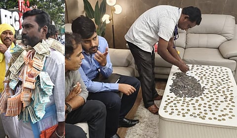 ஈரோடு கிழக்கு இடைத்தேர்தலில் வேட்புமனு தாக்கல் செய்ய ரூபாய் நோட்டு மாலை அணிந்து வந்த சுயேச்சை வேட்பாளர் அக்னி ஆழ்வார்
