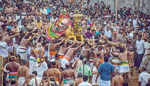 ரங்கம் ரங்கநாதர் கோயில் வைகுண்ட ஏகாதசி ராப்பத்து உற்சவத்தின் 8-ம் திருநாளான நேற்று தங்கக் குதிரை வாகனத்தில் வையாளி வகையறா கண்டருளிய  நம்பெருமாள்.படம் : ர. செல்வமுத்துகுமார்
