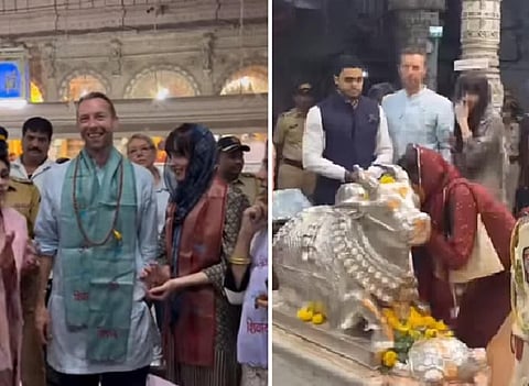 மும்பையில் காதலியுடன் சாமி தரிசனம் செய்த கிறிஸ் மார்டின்: நந்தியின் காதில் ரகசியம் சொன்ன டகோடா!