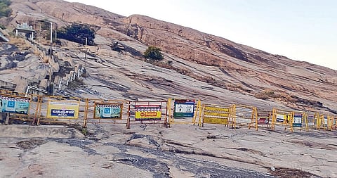 போராட்டக்காரர்களை தடுக்க திருப்பரங்குன்றம் மலைப் பகுதியில் அமைக்கப்பட்டுள்ள இரும்பு தடுப்பு வேலிகள்