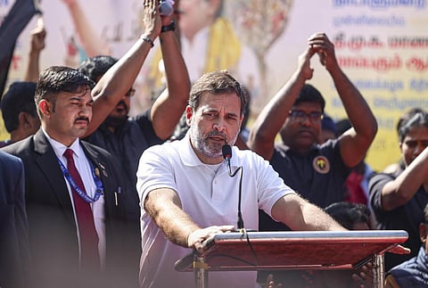 “யுஜிசி வரைவு விதிகளுக்குப் பின்னால் ஆர்எஸ்எஸ்...” - திமுக போராட்டத்தில் ராகுல் காந்தி சாடல்