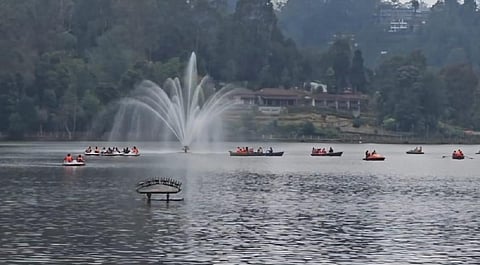 கொடைக்கானல் நட்சத்திர ஏரியில் படகுசவாரி செய்து மகிழ்ந்த சுற்றுலா பயணிகள்.