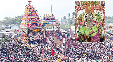 மேல்மலையனூர் அங்காளம்மன் கோயில் மாசிப் பெருவிழாவையொட்டி நேற்று நடைபெற்ற தேரோட்டத்தில் ஆயிரக்கணக்கான பக்தர்கள் தேர் இழுத்தனர். (உள்படம்) சிறப்பு அலங்காரத்தில் தேரில் எழுந்தருளிய அம்மன்.