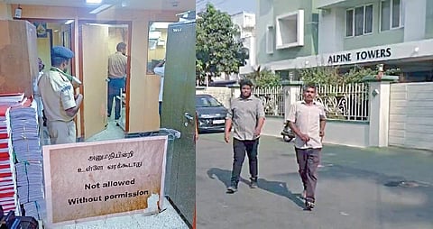 சென்னையில் உள்ள டாஸ்மாக் தலைமை அலுவலகம், ஆழ்வார்பேட்டையில் முன்னாள் மின்வாரிய அதிகாரி காசி வீட்டில் அமலாக்கத் துறையினர் நேற்று சோதனை நடத்தினர்.படங்கள்: ம. பிரபு (அடுத்த படம்) கரூர் காந்திபுரத்தில் சோதனை நடந்த ஒப்பந்ததாரர் எம்.சி.சங்கரின் அடுக்குமாடி குடியிருப்பு.