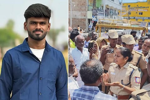 இடது: தற்கொலை செய்து கொண்ட இளைஞர் | வலது: வேலகவுண்டம்பட்டி காவல் நிலையம் முன் சாலை மறியலில் ஈடுபட்ட கிராம மக்களிடம் காவல் துறையினர் பேச்சுவார்த்தை.