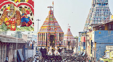 திருச்சி திருவானைக்காவலில் நேற்று நடைபெற்ற அகிலாண்டேஸ்வரி உடனுறை ஜம்புகேஸ்வரர் கோயில் பங்குனித் தேரோட்டத்தின்போது, ஆயிரக்கணக்கான பக்தர்கள் புடைசூழ சுவாமி, அம்மன் எழுந்தருளிய பெரிய தேர் முன் செல்ல,  பின்னால் அசைந்தாடி வரும் அகிலாண்டேஸ்வரி அம்மன் தேர். (உள்படம்) தேரில் அகிலாண்டேஸ்வரி அம்மனுடன் எழுந்தருளிய ஜம்புகேஸ்வரர். படம்: ர.செல்வமுத்துகுமார்