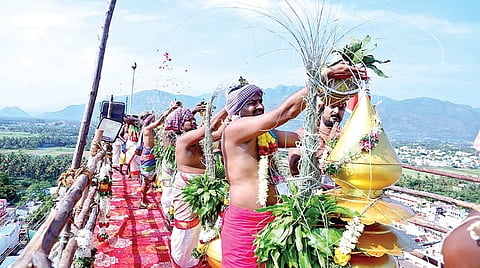 தென்காசியில் உலகம்மன் உடனுறை காசி விஸ்வநாத சுவாமி கோயிலில் நேற்று நடைபெற்ற குடமுழுக்கு விழாவில், ராஜகோபுர கலசங்களுக்கு புனித நீர் ஊற்றிய சிவாச்சாரியார்கள். | படங்கள்: மு.லெட்சுமி அருண் |