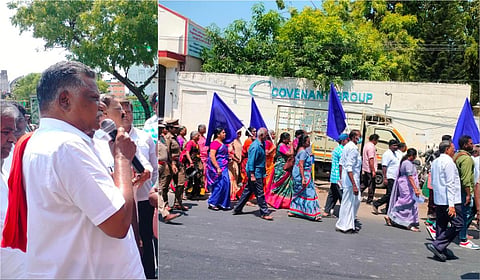 கோயில் மனைகளுக்கு பகுதி முறையை அமல்படுத்துவது உள்பட பல்வேறு கோரிக்கைகளை வலியுறுத்த நடந்த பேரணியை இந்திய கம்யூ. கட்சியின் மாநில செயலாளர் முத்தரசன் தொடங்கி வைத்தார்