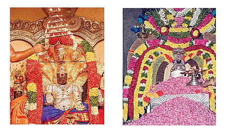 திருநாகேஸ்வரம் நாகநாத சுவாமி கோயிலில் ராகு பகவானுக்கு நடைபெற்ற தீபாராதனை. (அடுத்த படம்) சிறப்பு அலங்காரத்தில் கீழப்பெரும்பள்ளம்  கேது பகவான்