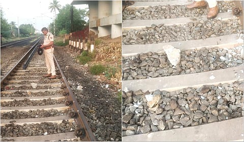 கோவையில் ரயில் தண்டவாளத்தில் கல் வைக்கப்பட்ட இடத்தில் ரயில்வே பாதுகாப்புப் படை போலீஸார் விசாரணை நடத்தினர்