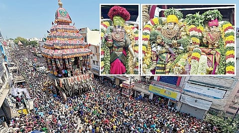 மீனாட்சி அம்மன் கோயில் சித்திரை திருவிழாவையொட்டி மதுரையில் நேற்று நடைபெற்ற தேரோட்டத்தில்  பல்லாயிரக்கணக்கான பக்தர்கள் வடம் பிடித்து தேர் இழுத்தனர். (உள் படங்கள்) தேரில் எழுந்தருளிய மீனாட்சி அம்மன் மற்றும் பிரி​யா​விடை​யுடன்​ சுந்தரேசுவரர்​. | படங்கள்: எஸ்.கிருஷ்ணமூர்த்தி, நா.தங்கரத்தினம் |