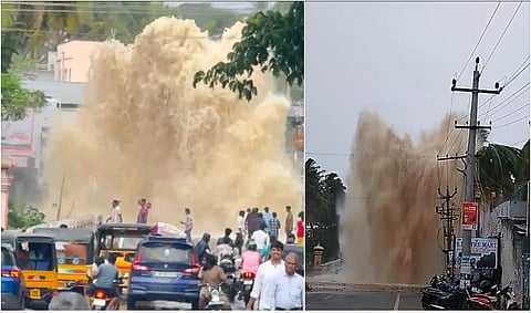 மேட்டுப்பாளையம் - அன்னூர் சாலையில் உள்ள, நடூரில் குடிநீர் குழாய் உடைப்பு ஏற்பட்டு 50 அடி உயரத்துக்கு பீய்ச்சியடித்த தண்ணீர்.