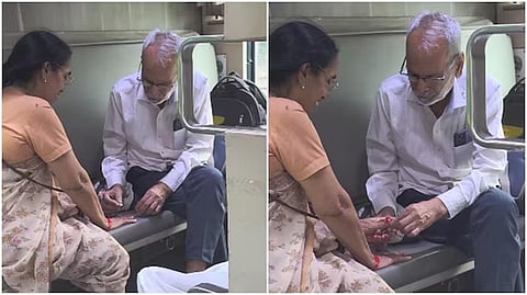 ‘ரயிலின் ஒலிகள்’ - ரயிலில் மனைவிக்கு நகப்பூச்சு பூசி அழகு பார்த்த சீனியர் சிட்டிசன்!